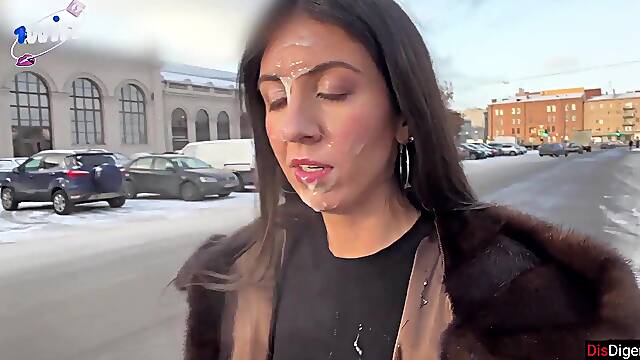 Cutie walks with cum on her face in public, for a generous award from a stranger - Cumwalk